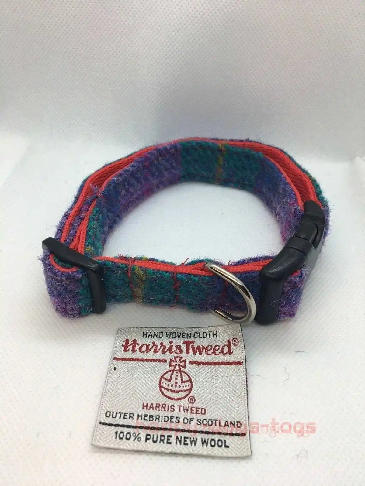Green and purple Harris Tweed dog collar medium