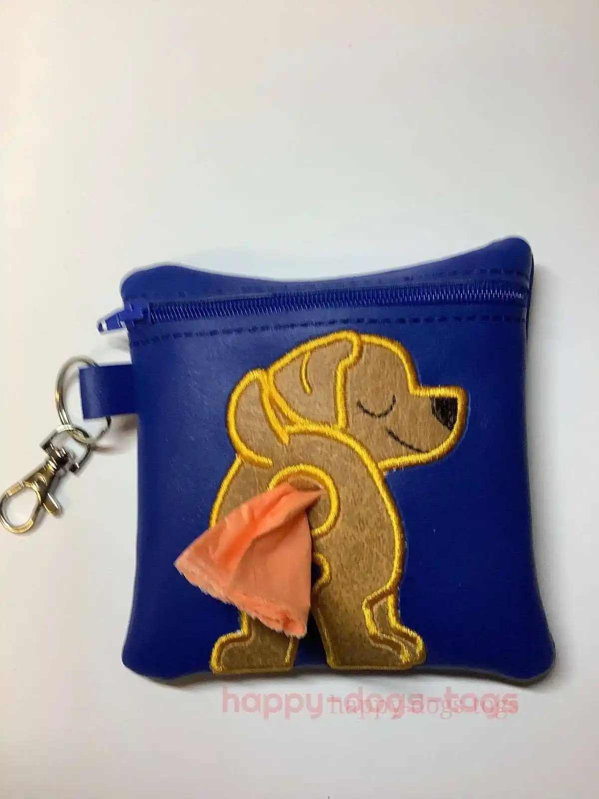 Tan Retriever on Blue  Embroidered poo bag dispenser
