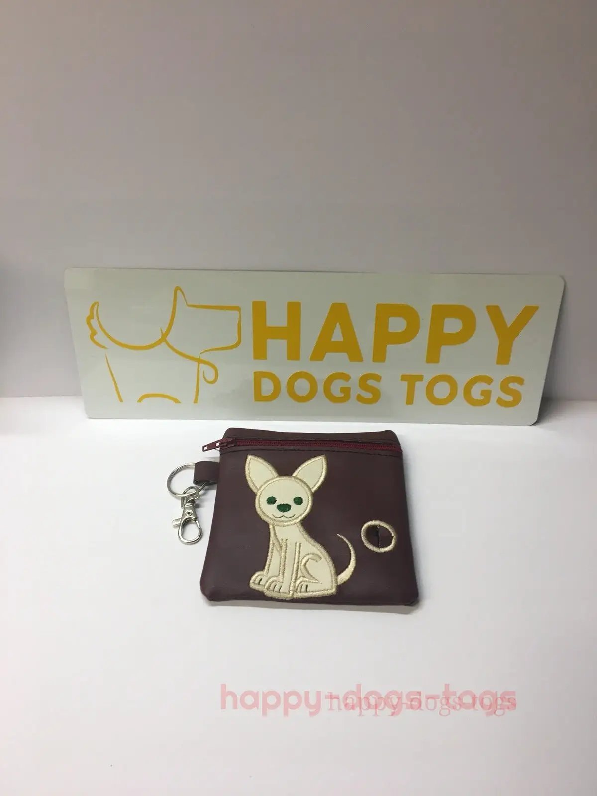 Fawn Chihuahua on Burgundy Faux leather dog poo bag dispenser