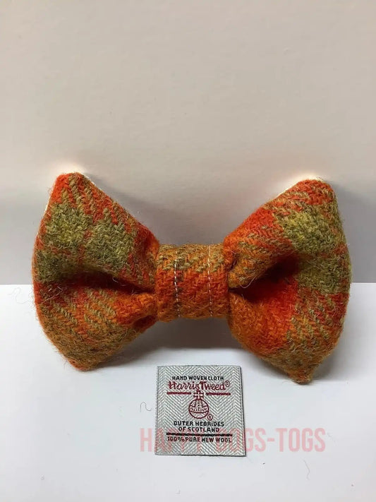 Harris tweed dog bow tie, Orange and Khaki Tartan, Medium