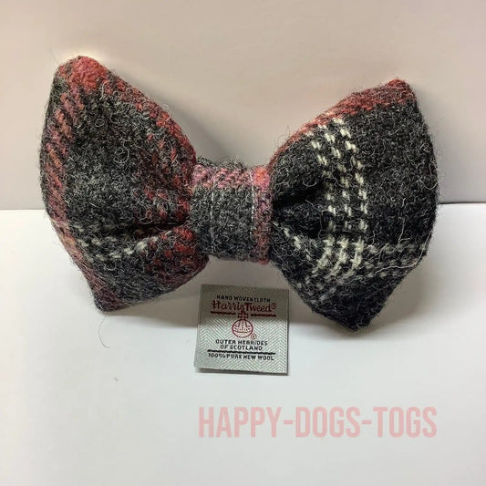 Grey and Red Check Harris Tweed Dog Bow Tie,