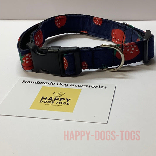 Handcrafted Navy Blue Dog Collar with Strawberries - Size M (12"-16" x 3/4")