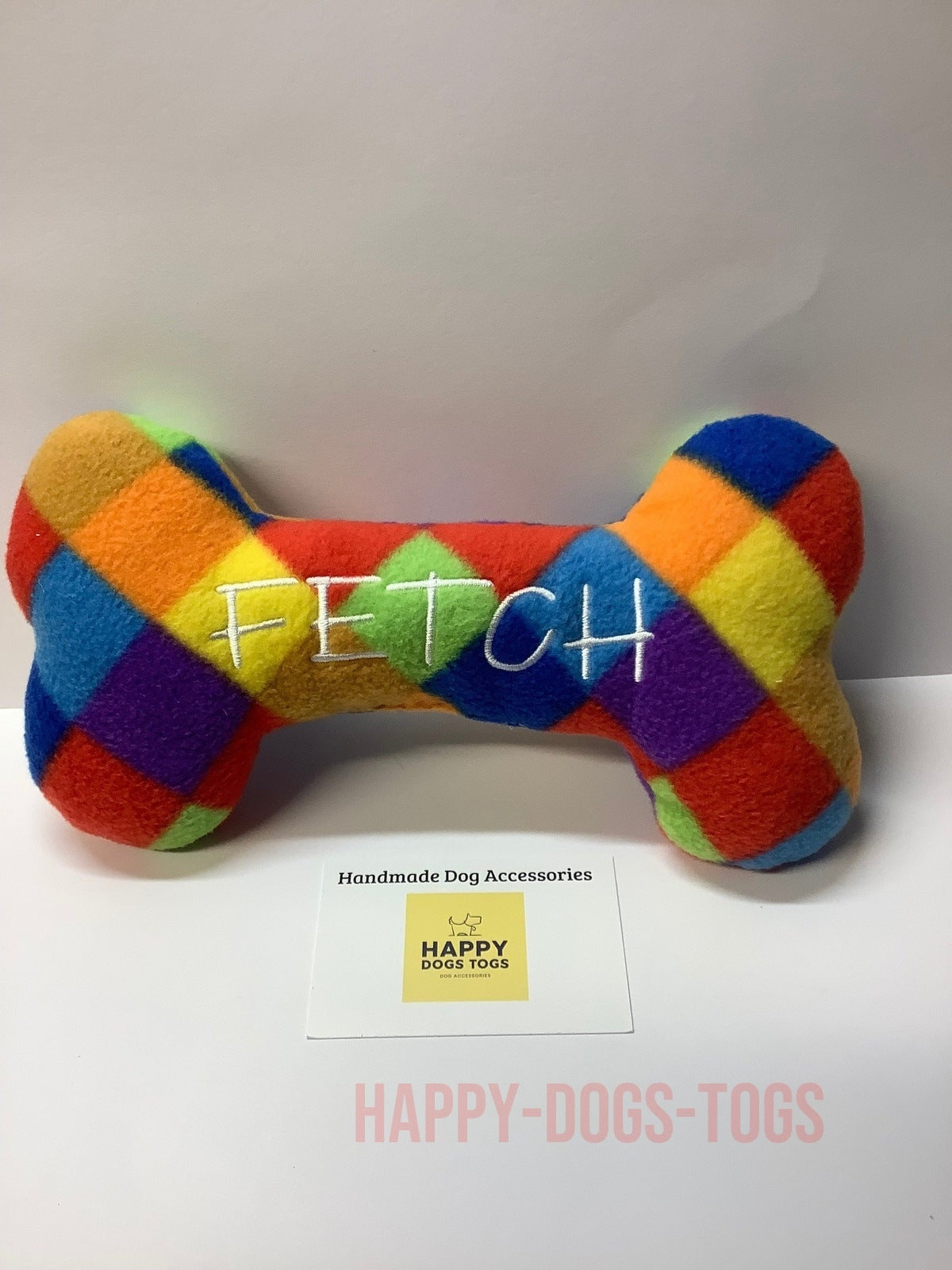 Harlequin Fleece FETCH bone shape handcrafted dog toy
