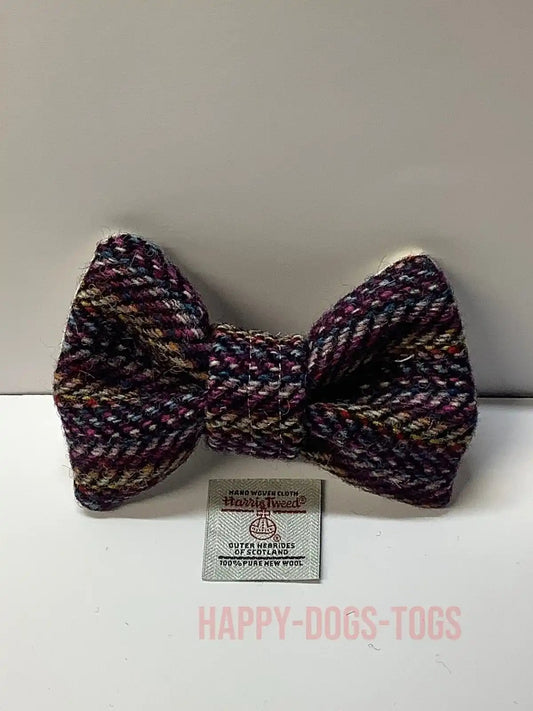 Harris tweed medium size Dog Bow Tie in a Burgundy and multi colour stripes 