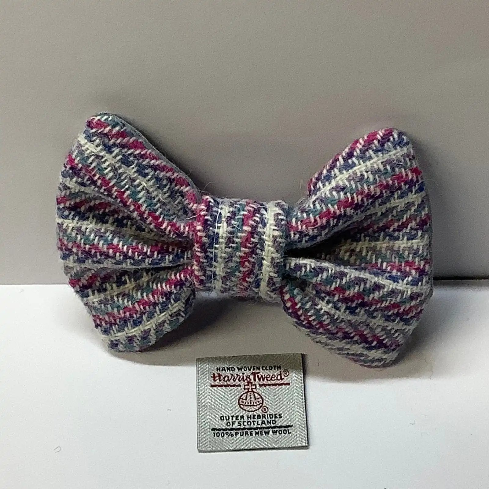 Harris tweed dog bow tie, White and Multi colour stripe, Medium size
