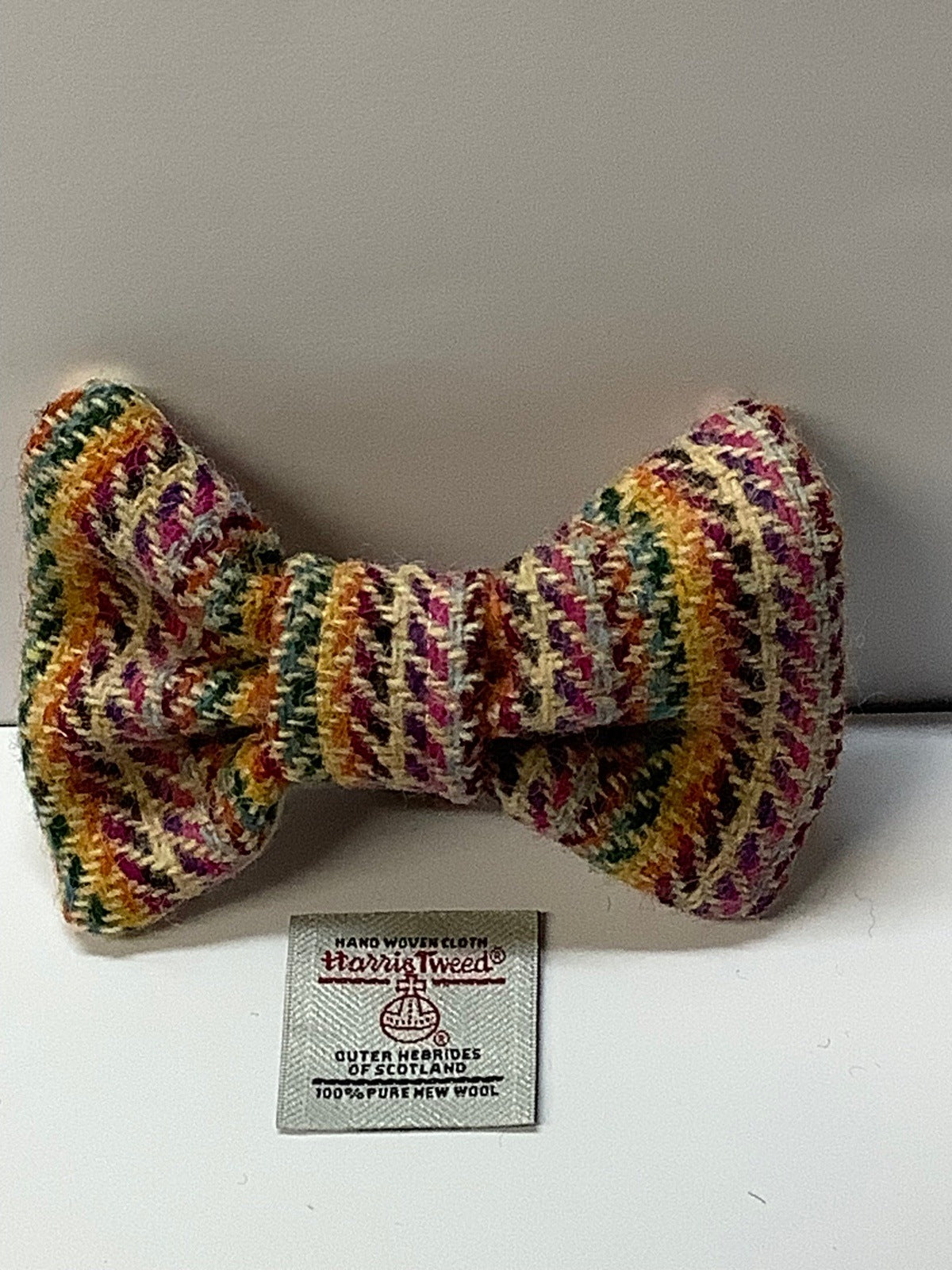 Harris tweed dog bow tie, Yellow and white multi stripe, Medium size