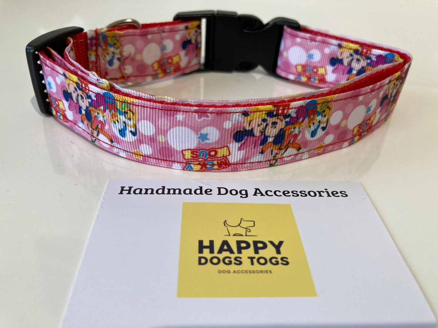 Large Dog Collar in Pink Mickie Mouse and Gang pattern
