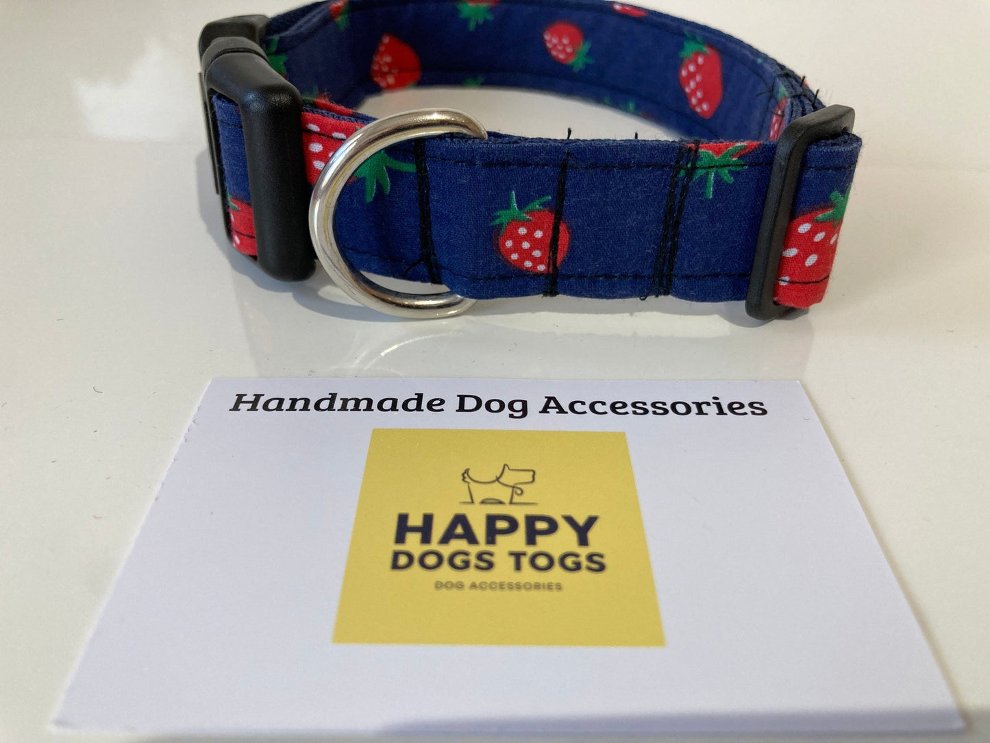 Navy with Red Strawberries dog collar  size L