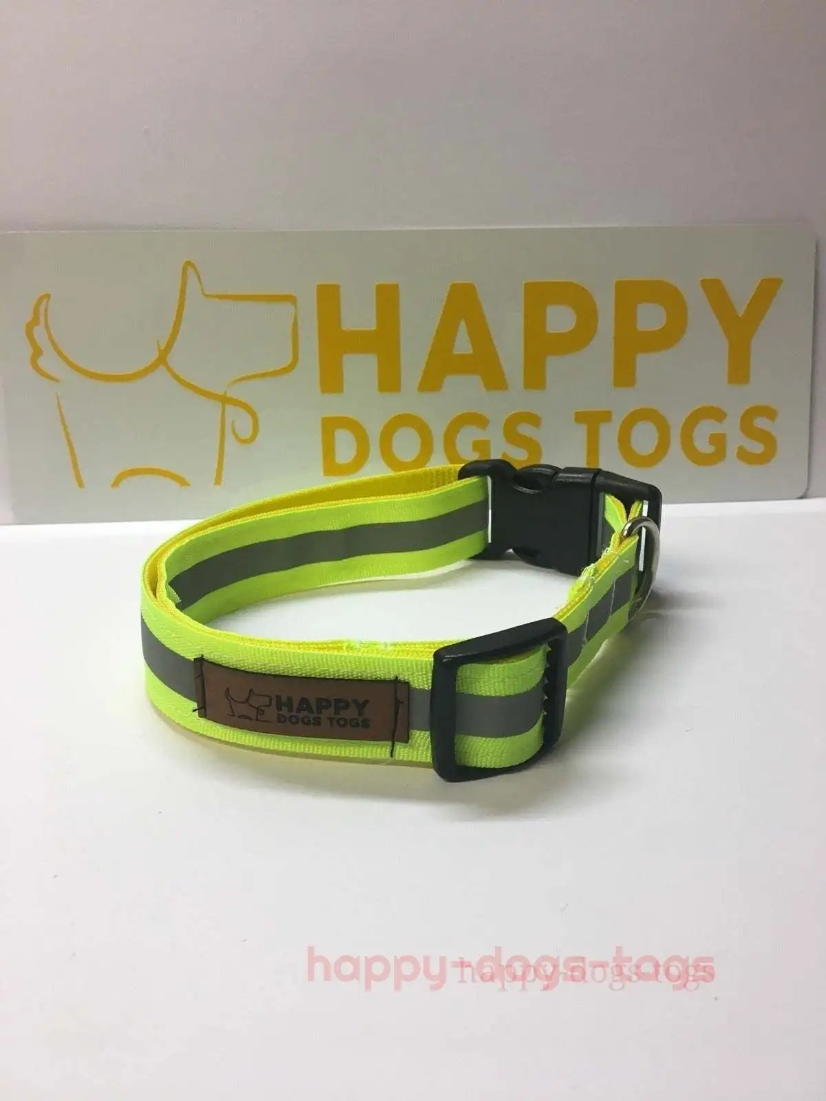 Large Dog Collar in Fluorescent Yellow reflective safety - happy-dogs-togs