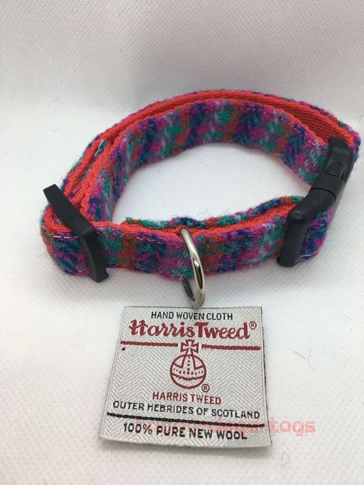Harris Tweed Dog Collar Pink ,Teal and Blue Houndstooth