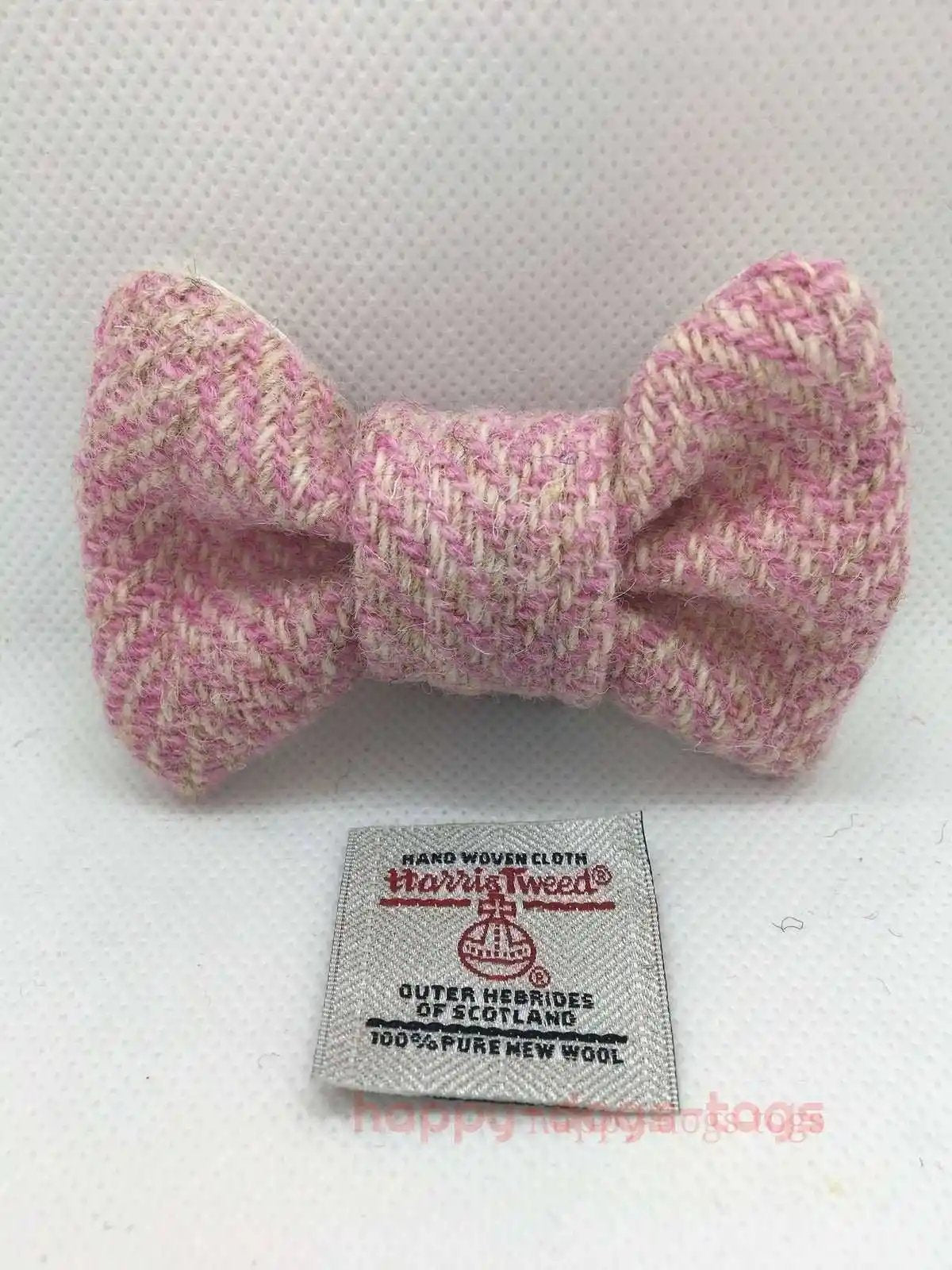 Pink, Cream Harris Tweed bow tie for dogs small