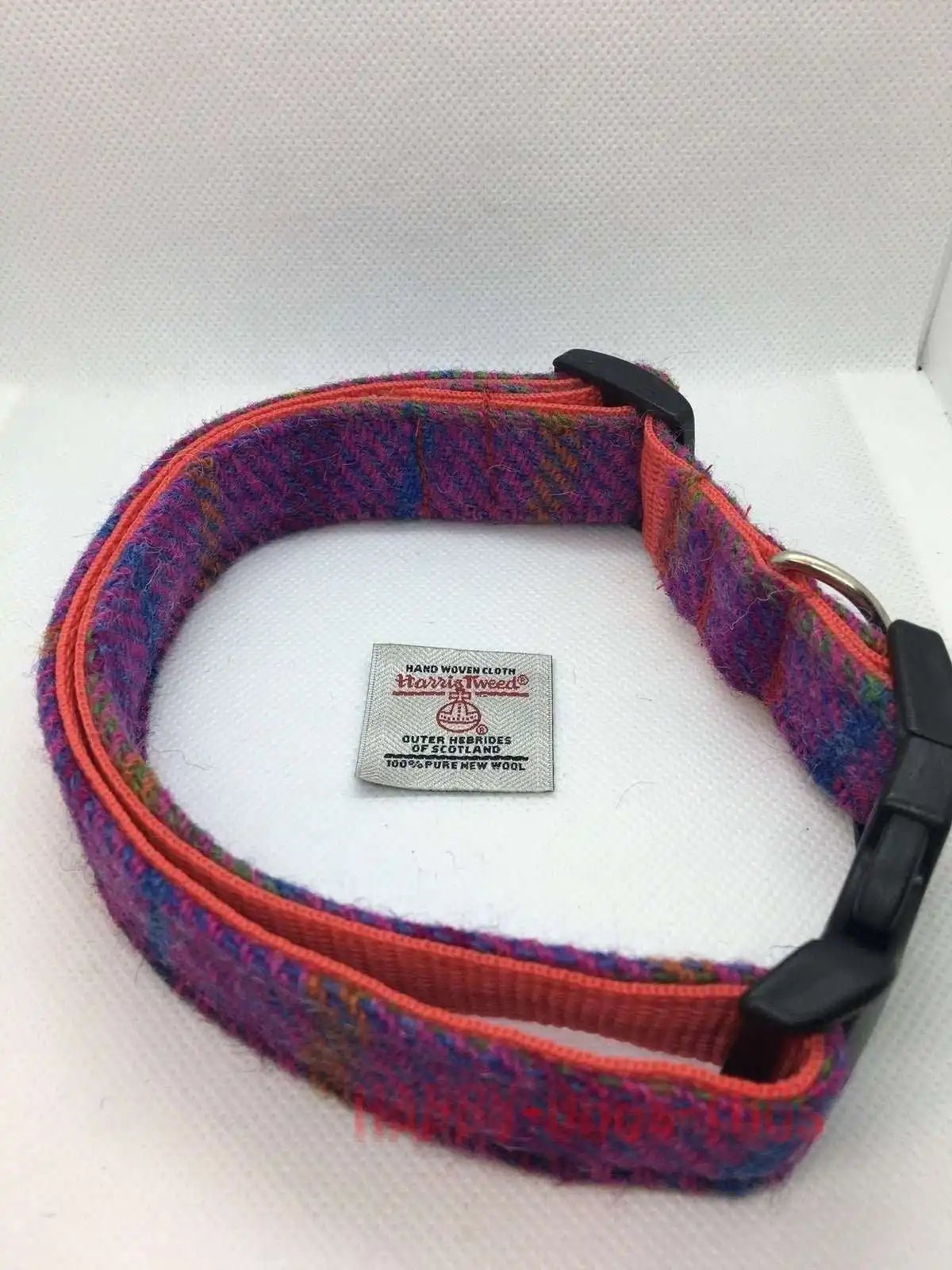 Harris Tweed Dog Collar Purple, Blue stripe view with Harris Tweed Label