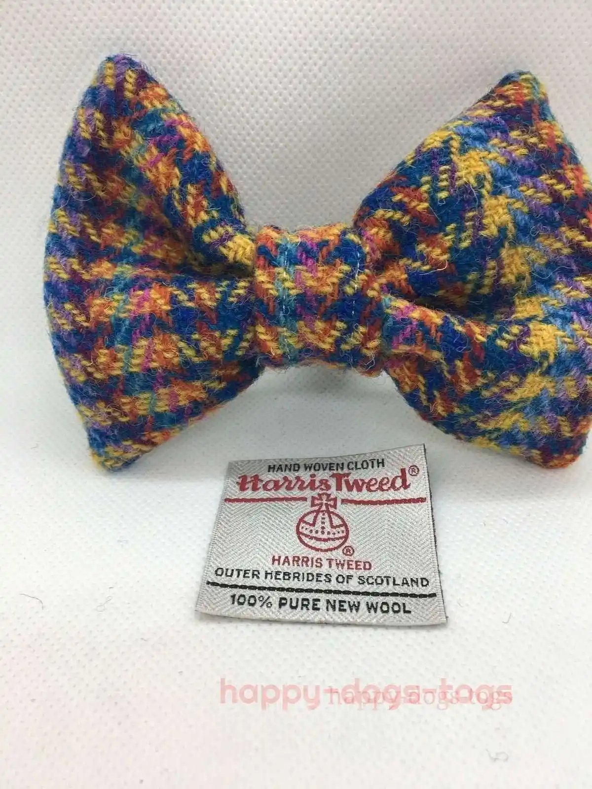 Rainbow Houndstooth Stripe Harris Tweed Dog Bow Tie,