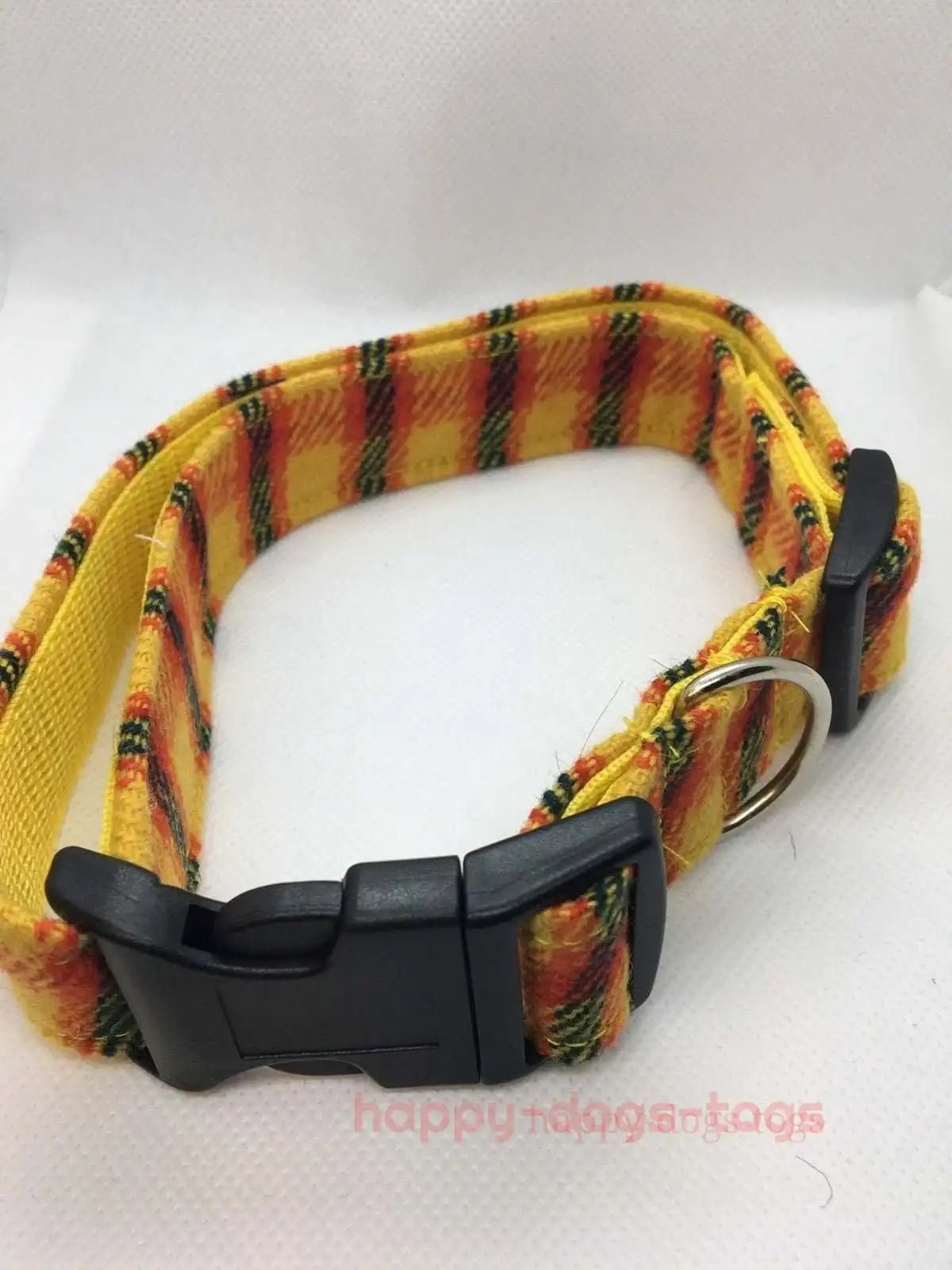 WOOL TWEED DOG  COLLAR YELLOW, RED and BLACK CHECK.