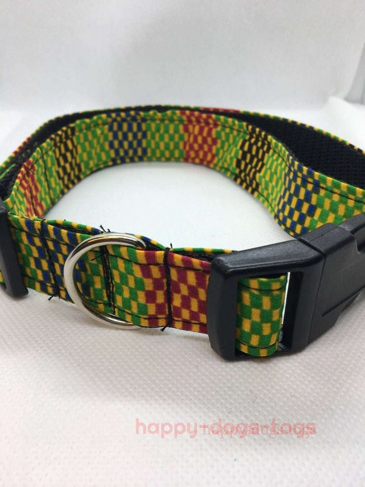 Large Dog Collar in Yellow, Green and Red Check pattern 