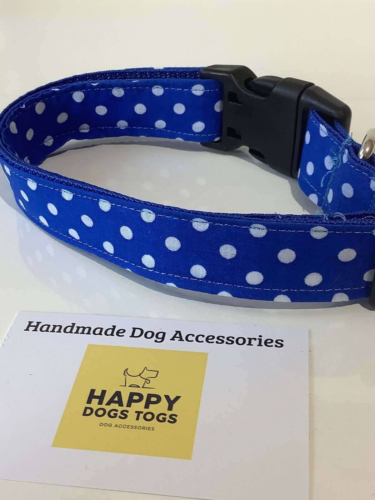Blue with White polkadots dog collar  size L