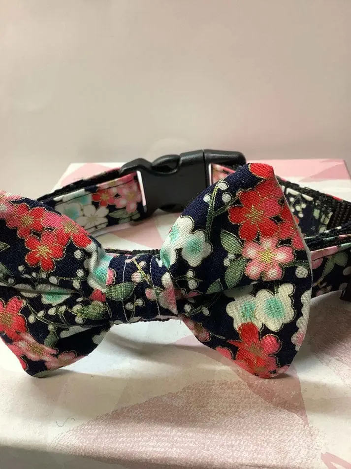 Attractive Black Floral design dog collar and bow tie set
