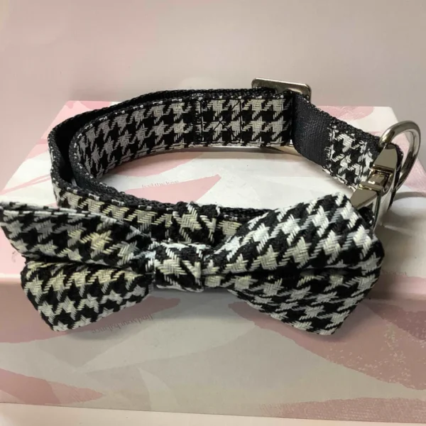 Black And White Dogtooth Tweed Dog Collar And Bow Tie Set