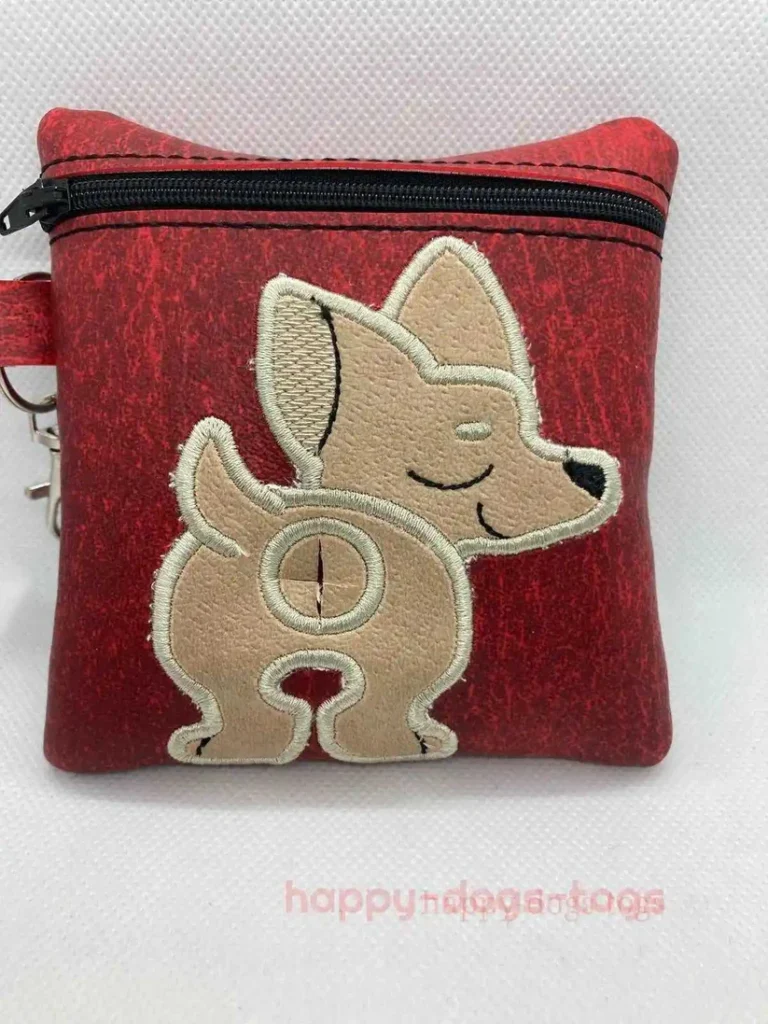 Embroidered Chihuahua Dog Poo Bag Dispenser On A Red Bag