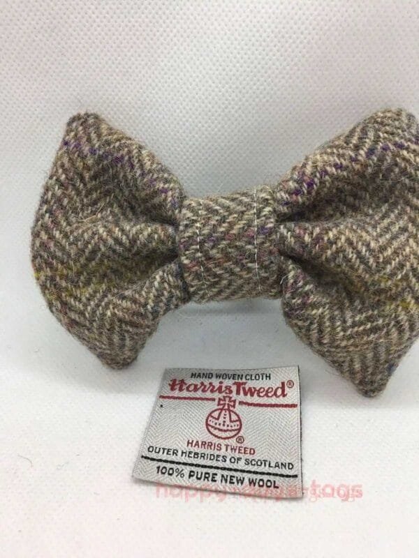 Large Cream And Light Brown Herringbone Harris Tweed Dog Bow Tie