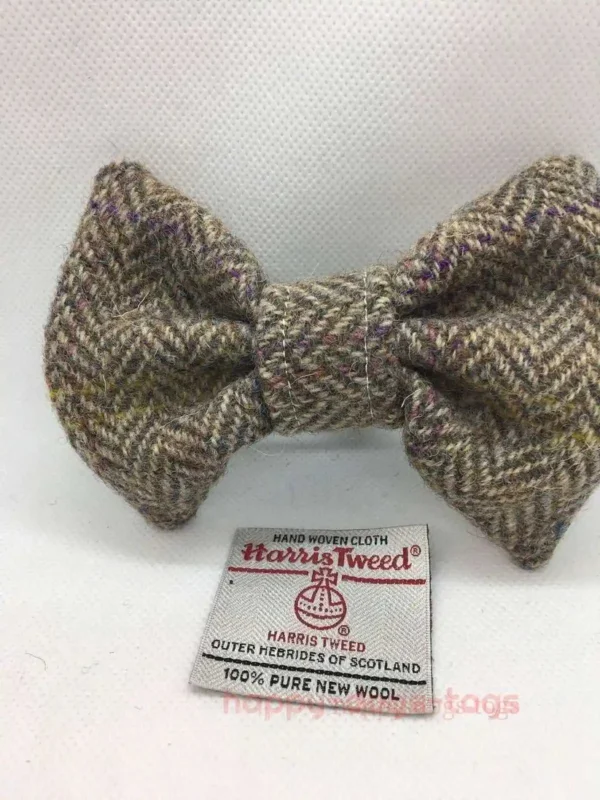 Light Brown Herringbone Harris Tweed Dog Bow Tie