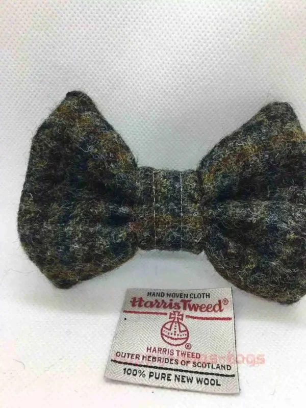 Khaki And Black Check Harris Tweed Dog Bow Tie , Large