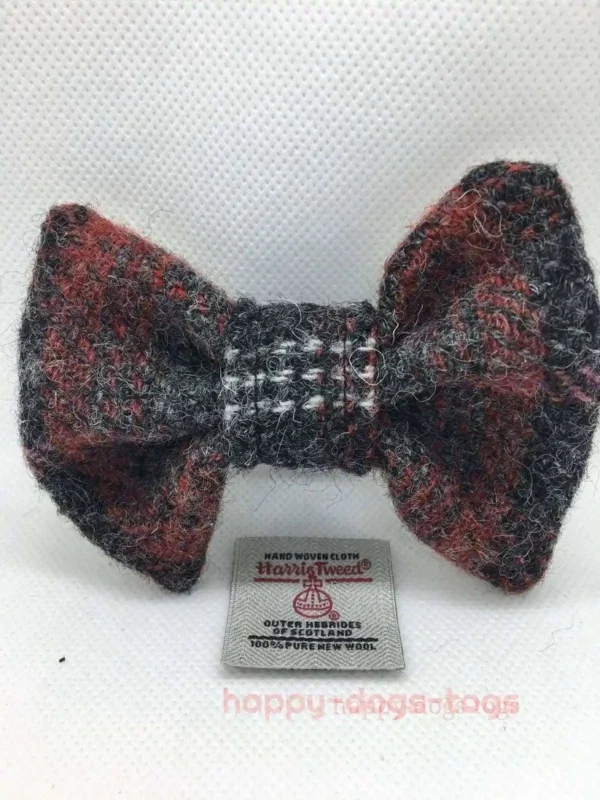 Grey And Red Harris Tweed Dog Bow Tie