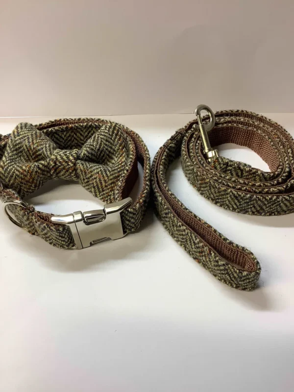 Harris Tweed Dog Collar Size Large Brown And Fawn Herringbone Dog Collar Set.