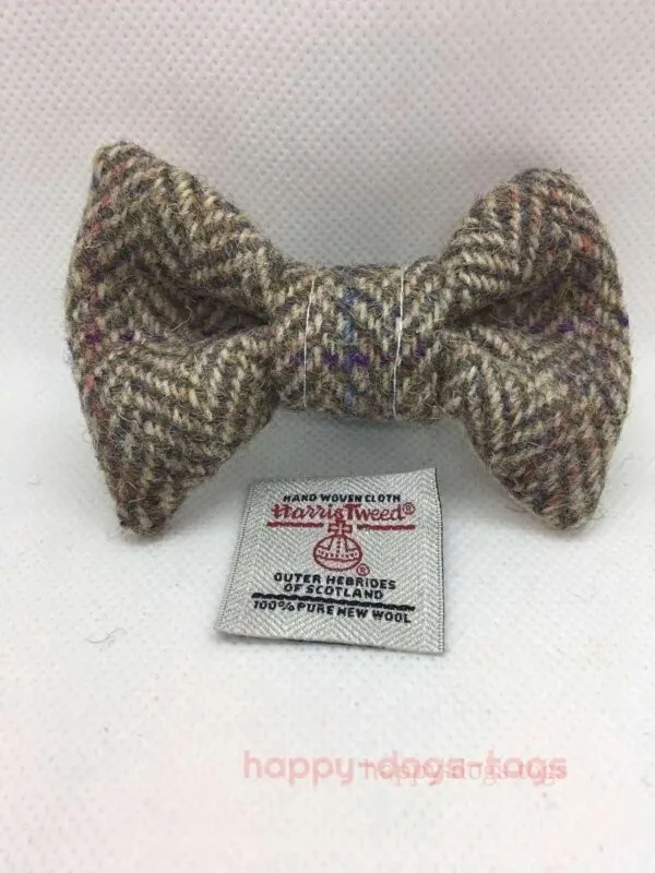 Small Tan And Fawn Herringbone Harris Tweed Dog Bow Tie