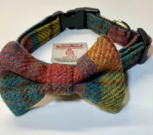 Harris Tweed Large Multi Check dog collar and Bow set. best dog training collars uk 