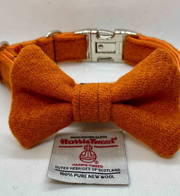 Harris Tweed Large Orange Dog Collar And Bow Set