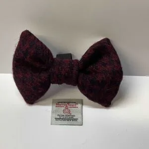 Burgundy and Black Houndstooth Harris tweed dog bow tie