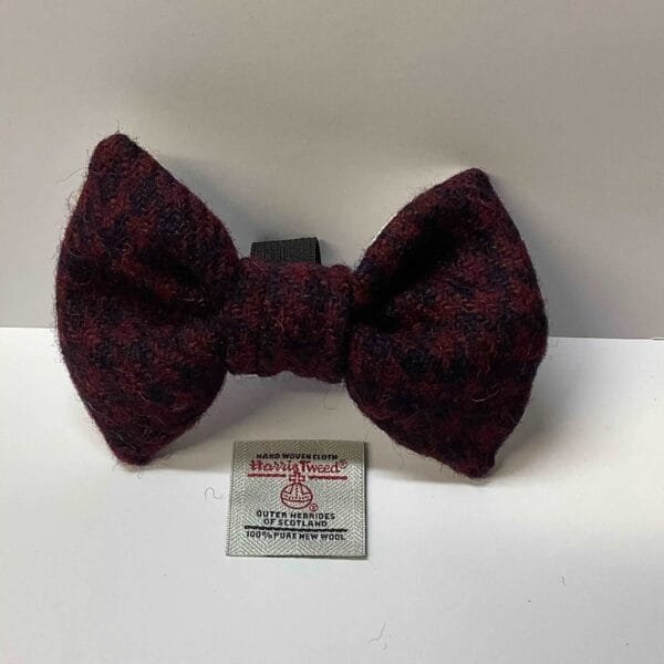 Burgundy And Black Houndstooth Harris Tweed Dog Bow Tie