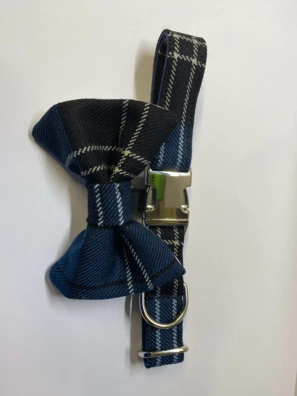 Scottish Tartan Dog Collar And Bow, Blue And White Check Tartan