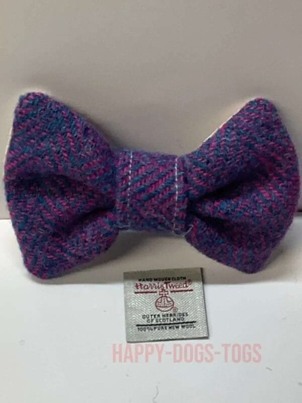 Cerise And Blue Herringbone Harris Tweed Dog Bow Tie