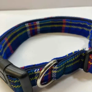 Scottish Tartan Dog Collar Royal Blue with Red, White Check Tartan