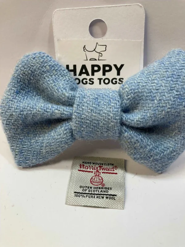 Handcrafted Light Blue Harris Tweed Dog Bow Tie, Medium Size