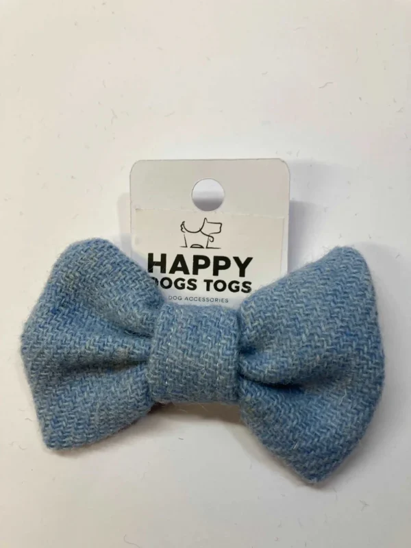Handcrafted Light Blue Harris Tweed Dog Bow Tie, Medium Size - Image 2