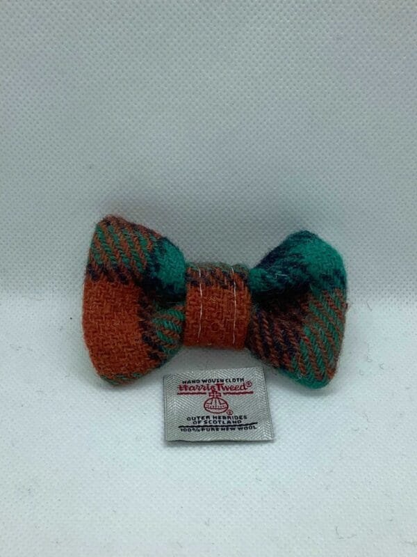 Teal And Orange Check Harris Tweed Dog Bow Tie