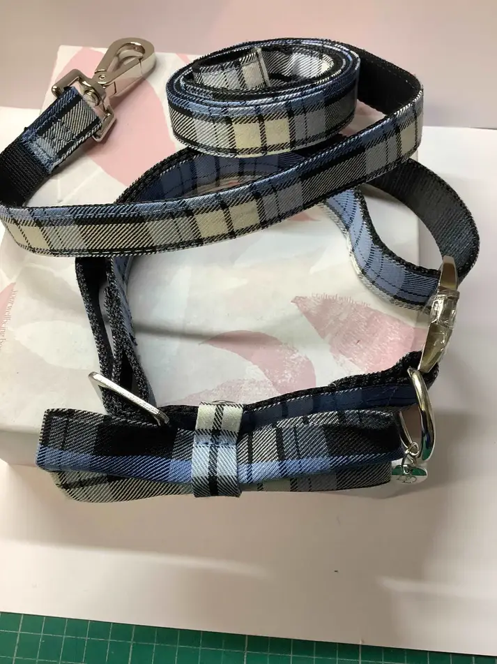 Blue And White Tartan Fabric Dog Collar And Bow Set Happydogstogs