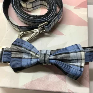 Tartan Dog Collar, Bow, and Lead, Blue and White Check Tartan