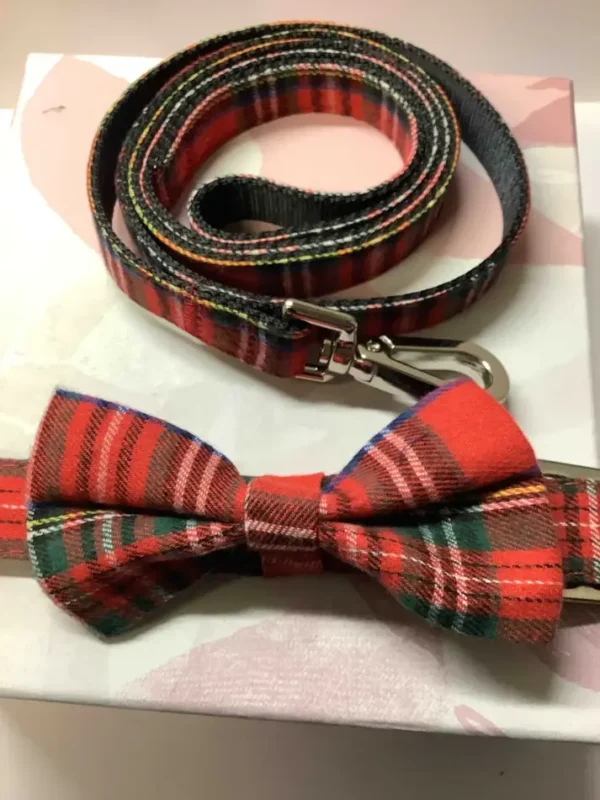 Tartan Dog Collar Bow And Lead Set Red And Green Check Tartan