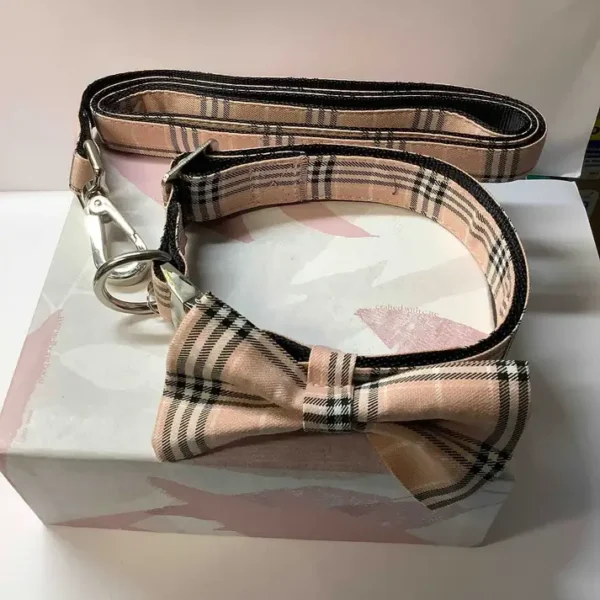 Pink And White Check Tartan Dog Collar, Bow, And Lead Set