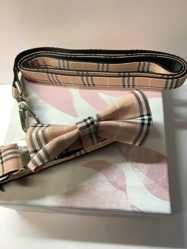Pink And White Check Tartan Dog Collar, Bow, And Lead Set - Image 2
