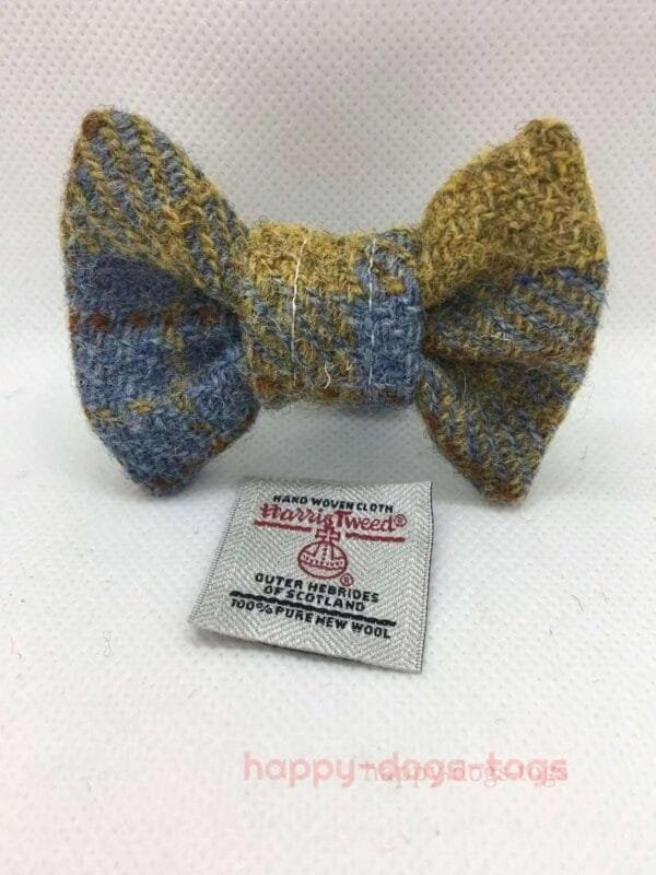 Khaki And Blue Harris Tweed Dog Bow Tie