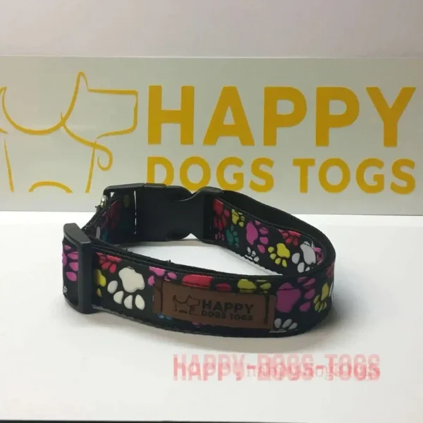 Black With Coloured Paw Prints Dog Collar - Image 2