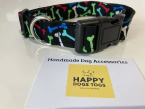 Black Dog Collar with Multi Coloured Bones
