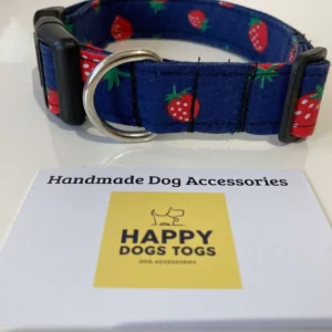 Largedogcollarinnavywithredstrawberries Happy Dogs Togs1