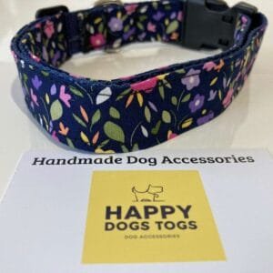 Largedogcollarinnavywithcolouredflowers Happy Dogs Togs1