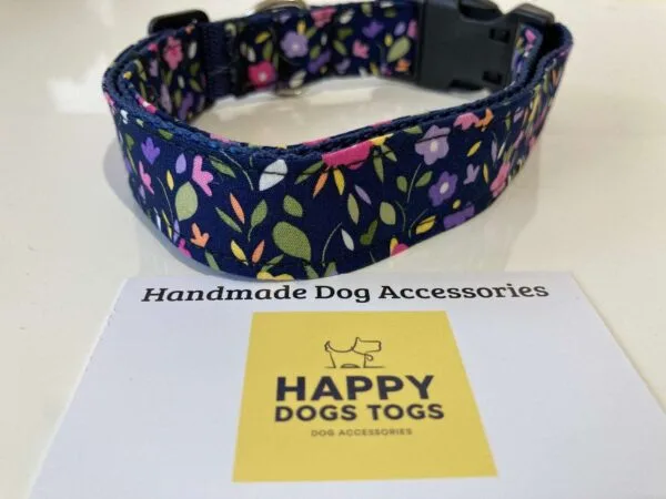 Handmade Dog Collar In Navy With Coloured Flowers